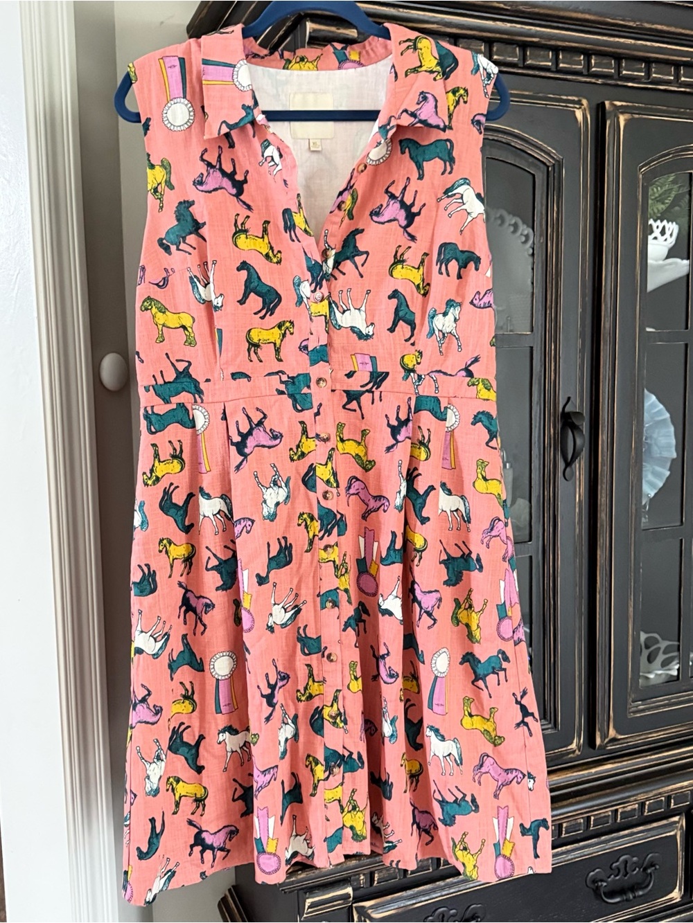 ModCloth XL Coral Pink Horse & Award Ribbon Novelty Print Sleeveless Shirt Dress